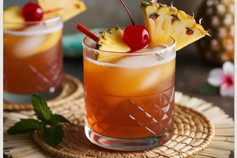 A colorful Bahama Mama cocktail in a tall glass.