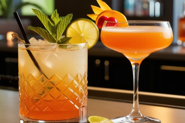 A comparison of a Mai Tai and a Bahama Mama cocktails side-by-side.