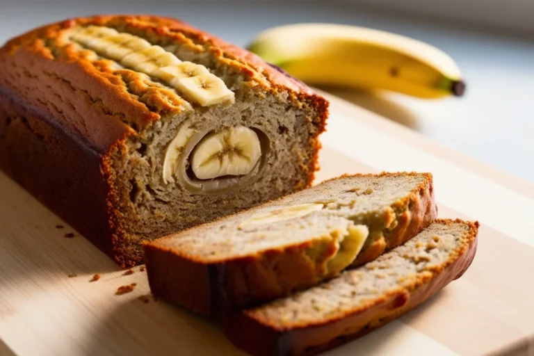 Naturally baked banana bread on a wooden board.