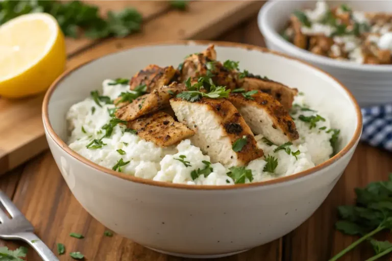 Meat and cottage cheese combination, showing a bowl.
