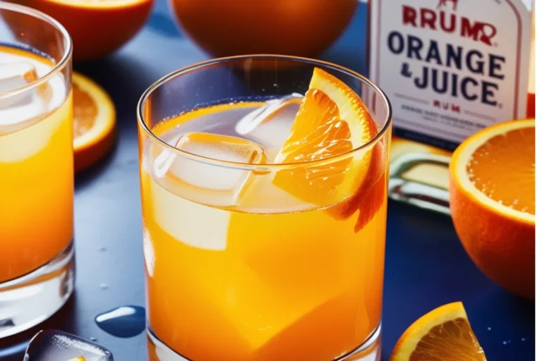 A glass of refreshing rum and orange juice with ice.
