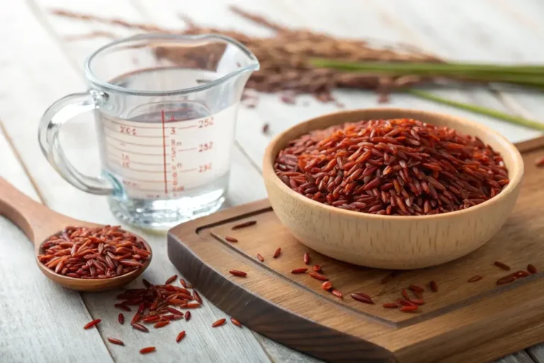 Red rice to water ratio in a glass measuring cup.