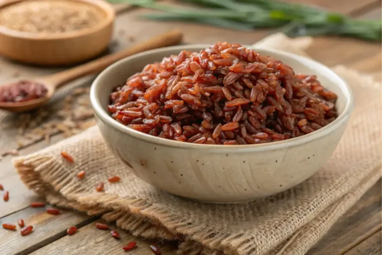 Close-up of red rice grains cooked to perfection.