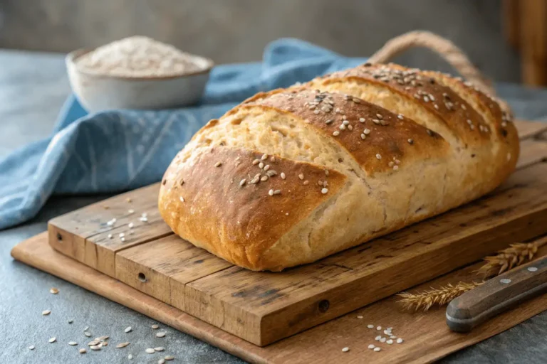 Freshly baked artisan bread on a wooden board.