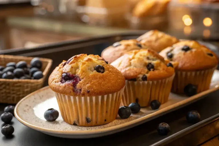 Close-up shot of delicious moist muffins on a plate.