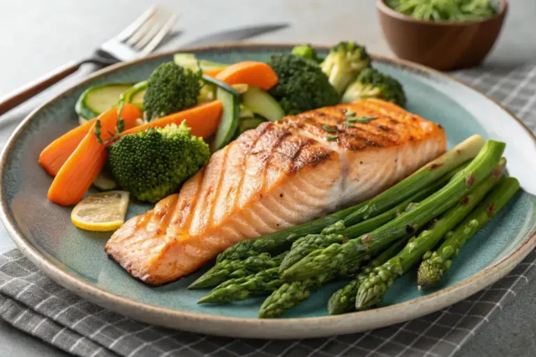 Naturally healthy dinner with grilled salmon and vegetables.