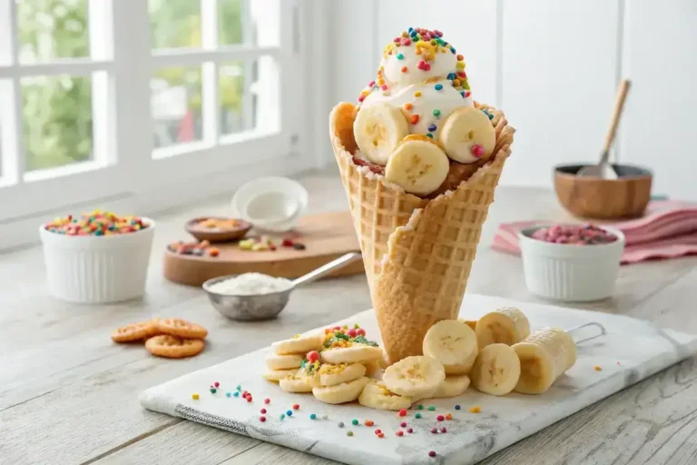 Delicious bubble waffle with ice cream and fruit toppings.