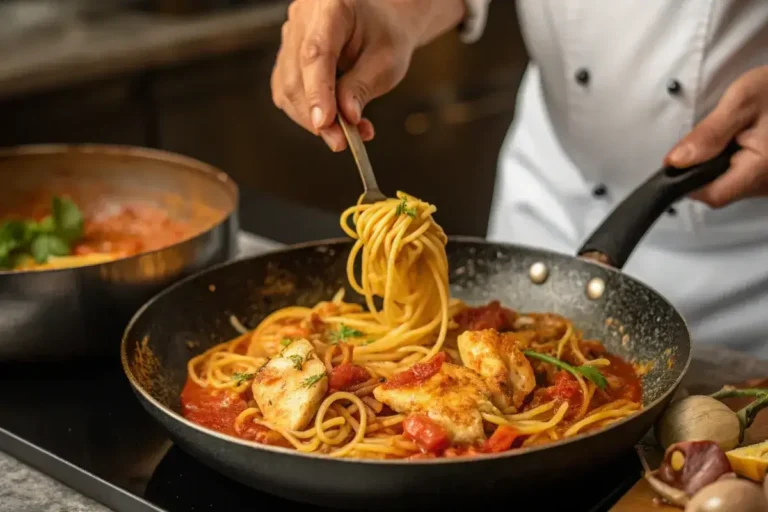 Cooking chicken and pasta naturally.